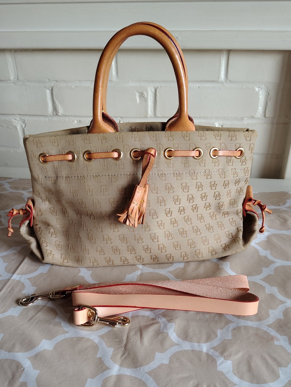 Dooney & Bourke Monogram Canvas Tote Satchel Tan Leather Trim Removable Strap